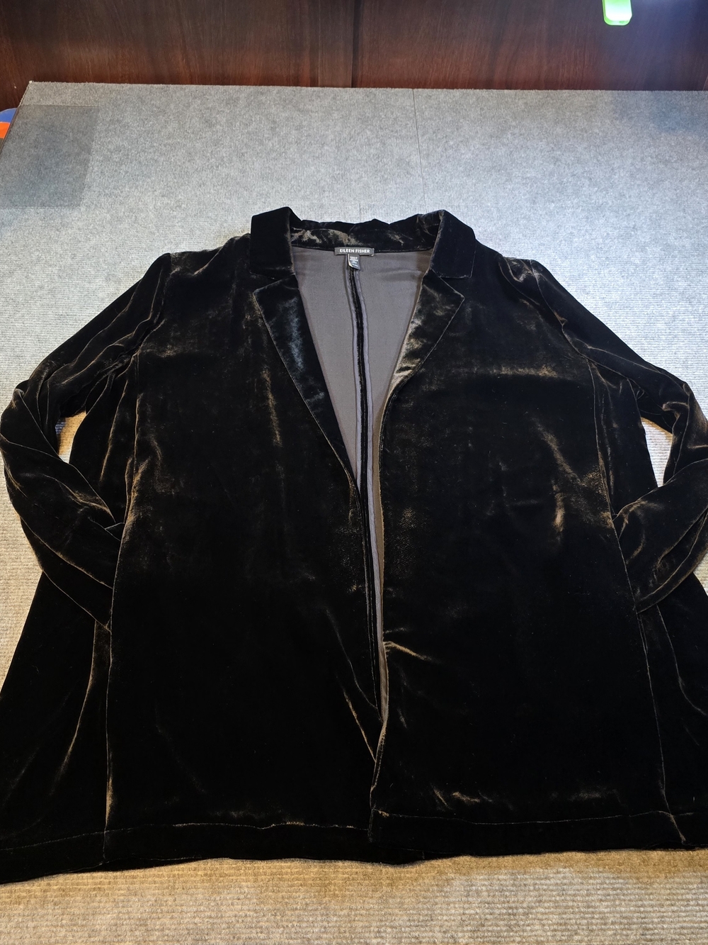 Eileen Fisher Black Velvet Silk Blend Long Blazer Jacket XL Open Front
